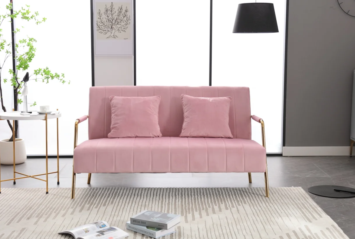Italy style pink velvet fabric living room chesterfield curved loveseat home use modern sofa with golden armest