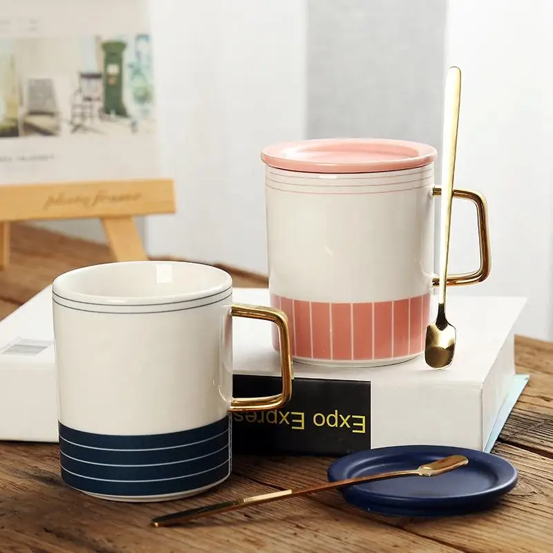 Nordic Creative Ceramic Mug Handgrip Design Gold Handle Spoon with Lid for Office or Party Personalized Logo Printing