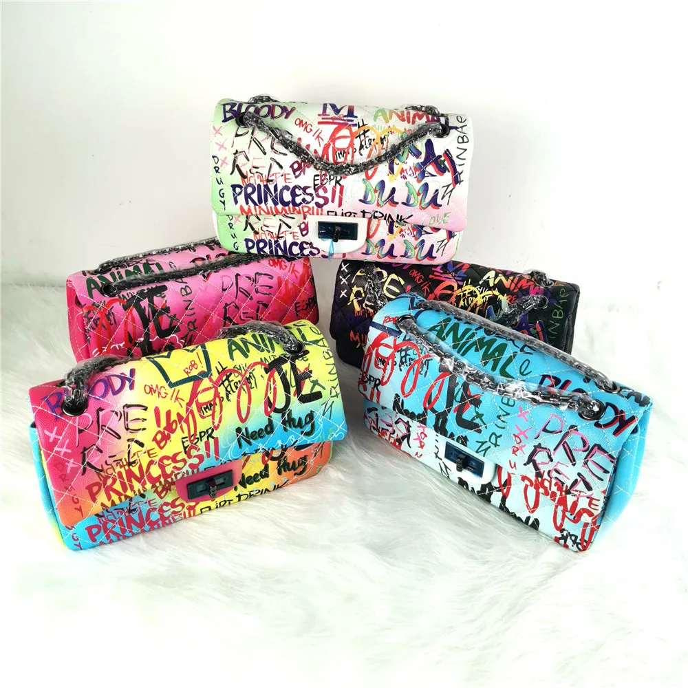 BM9018 Rainbow Graffiti Crossbody bags Chains graffiti shoulder bag online shopping women hand bags ladies graffiti purses