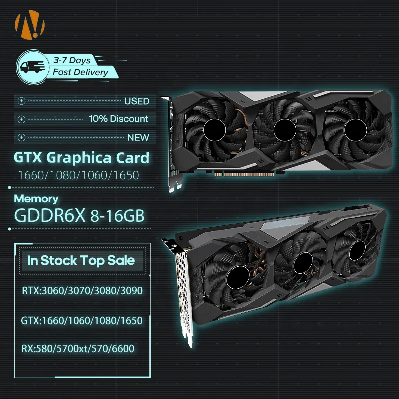 Drop Shipping New 5700xt 6600 6800xt RX Graphic Card 3080 3090 3070 3060ti 1080ti 1070 1060 1660 8GB 10GB 24GB Graphics Card