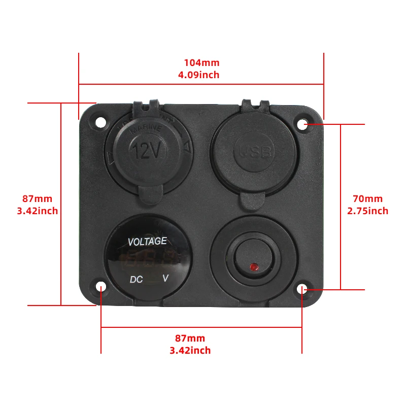 HEYRV Car Boat RV Dual USB Socket Charger 1A&2.1A + Voltmeter + 12V Power Outlet + ON-Off Toggle Switch Four Functions Panel