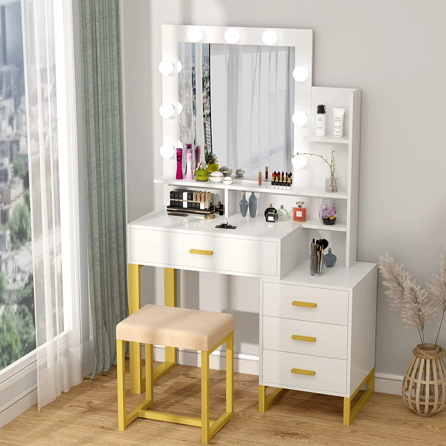 Dressing table with illuminating mirror, makeup dressing table with LED lamp, drawer, storage rack and upholstered stool, small