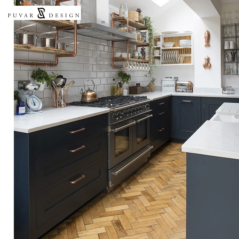 Custom modern light luxury american u shape navy blue wooden kitchen cabinets with island set