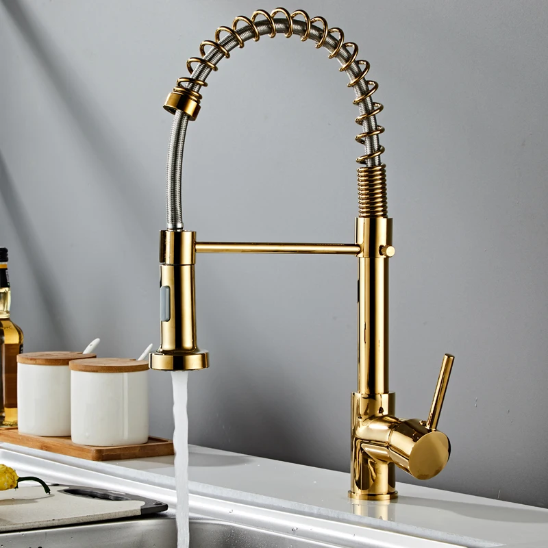 Pull out faucet pure copper single handle gold kitchen sink faucet single hole luxury brass drawing faucet
