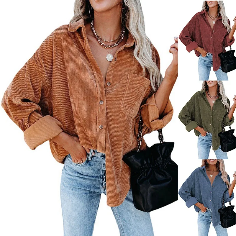 2022 Ladies Blouse Woman Tops Femme Long Sleeve Oversize Loose Casual Corduroy Shirt