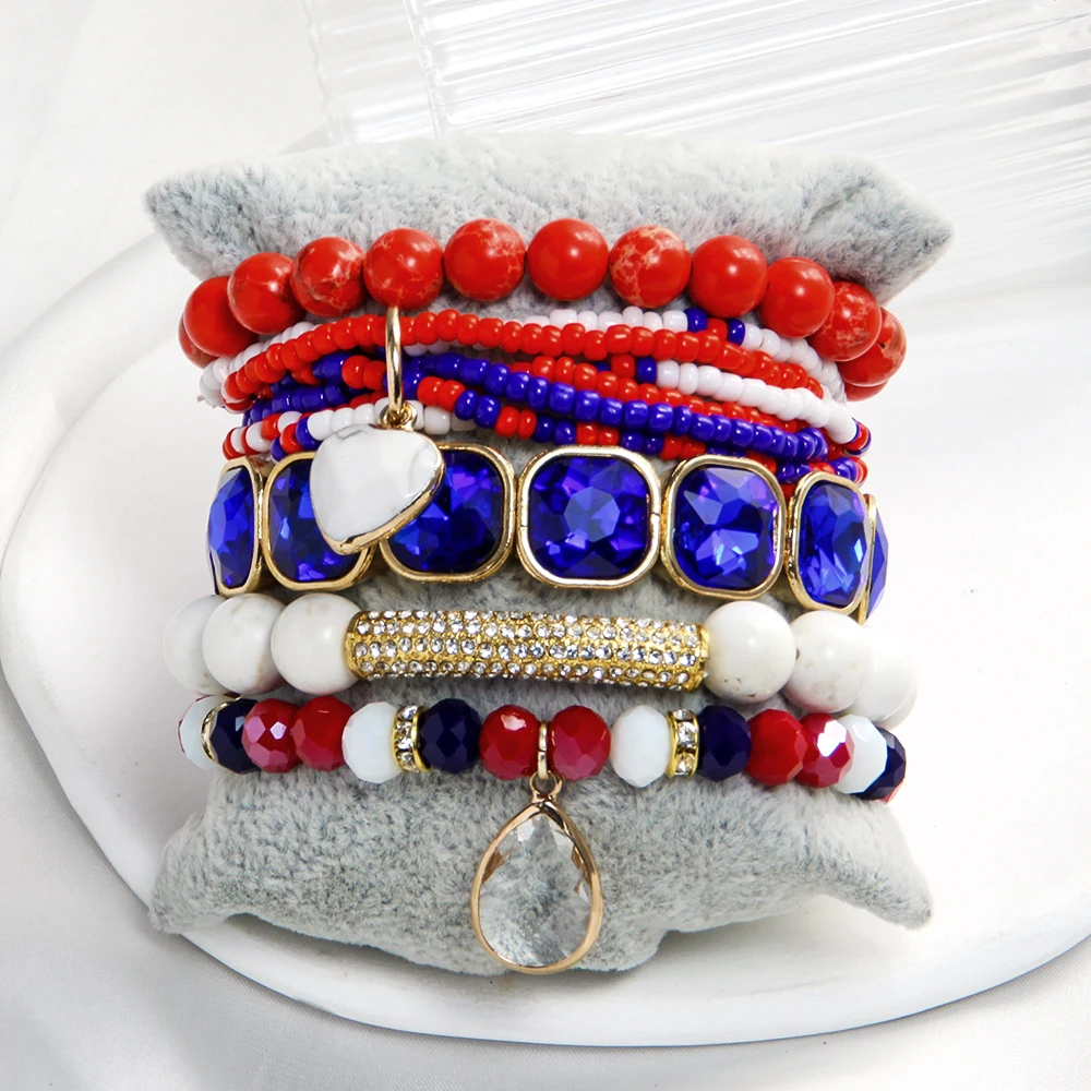 New Fashion Bohemian 5pcs Natural Stone Seed Glass Elastic Bracelet Glass Drop Pendant Stacked Bracelet Set American Jewelry