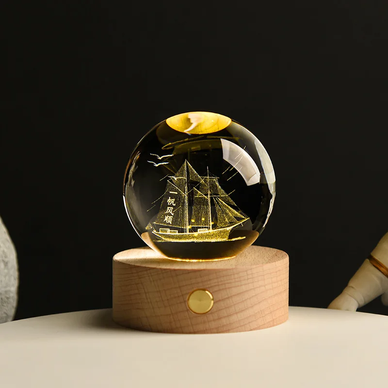 Glowing rain cloud healing crystal ball night light indoor bedroom wooden round base table lamp ornament