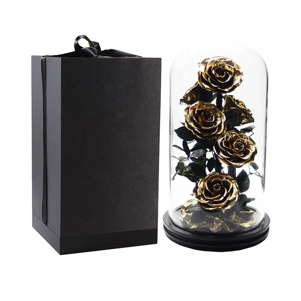 King Size Gold Enchanted Rose Beauty and the Beast Rose Eternity Everlasting Forever Monroes Golden Rose in Glass Dome