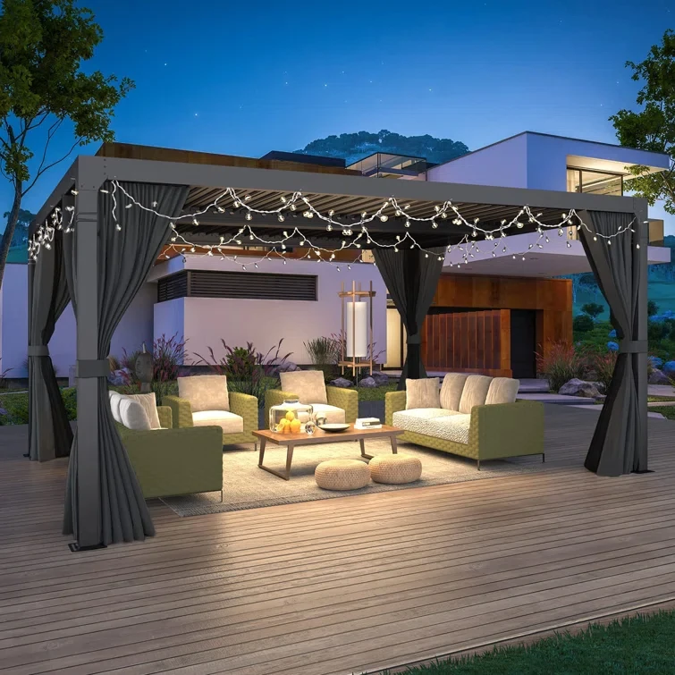 Outdoor Louvered Pergola Aluminum Frame Steel Garden Gazebo 2 Handle Hook Control Louver Pergola