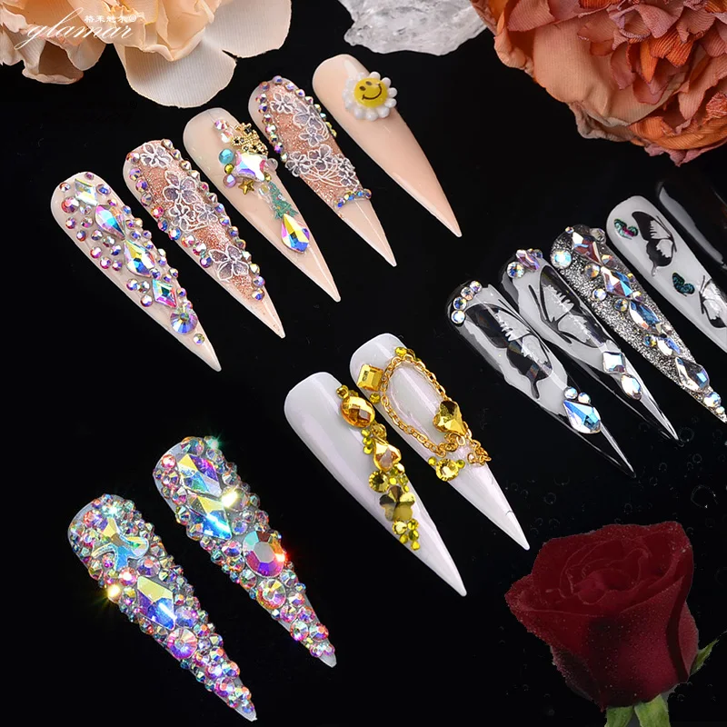 Wholesale Custom Full Cover Gradient Green Rhinestone Acrylic False Artificial Tips Press on Nails With Rhinestone