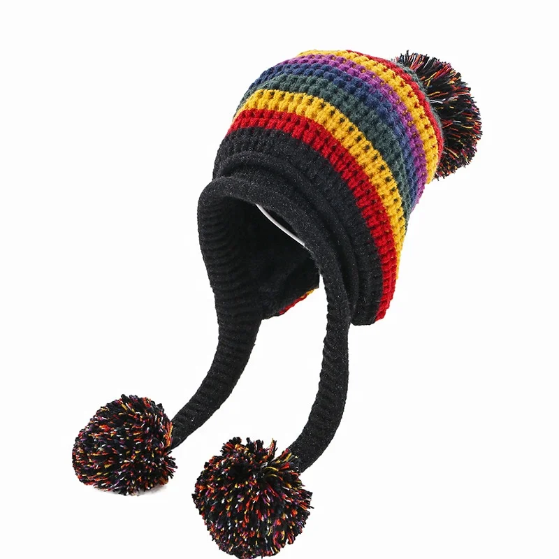 Women Laplander Winter Cover Ears Beanie Hat Ear Flaps Sherpa Ski Snow Trooper Hats Knit Fleece Lined Beanie with Pom Pom Ball