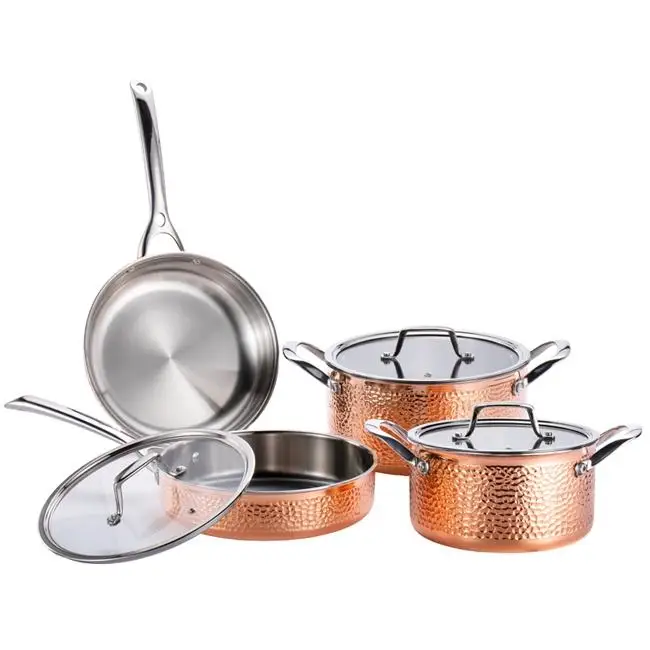 MYH Wholesale Price Tri-ply Stainless Steel Copper Hammered Cookware Frying Pan Saute Pan Without Coating