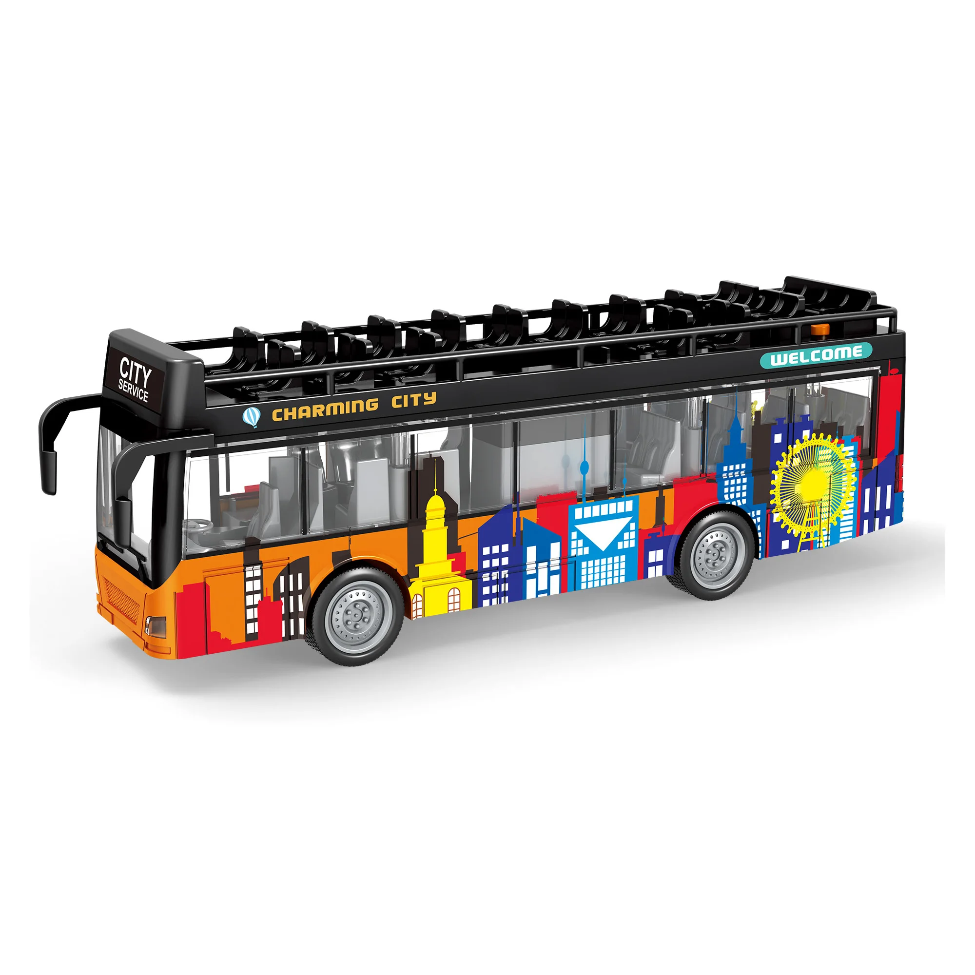 1/16 Plastic UV Printing Friction Powered Double Decker City Bus With Light Sound For Toddlers