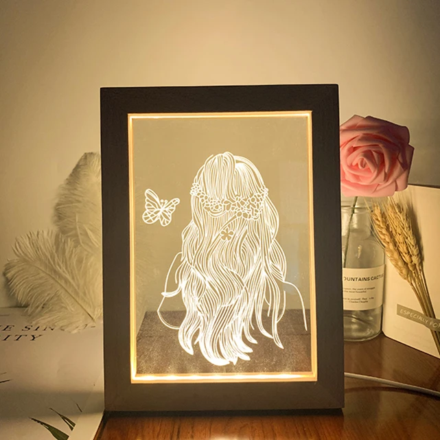 3D настольный светильник, декоративная деревянная рамка, лампа, фоторамка