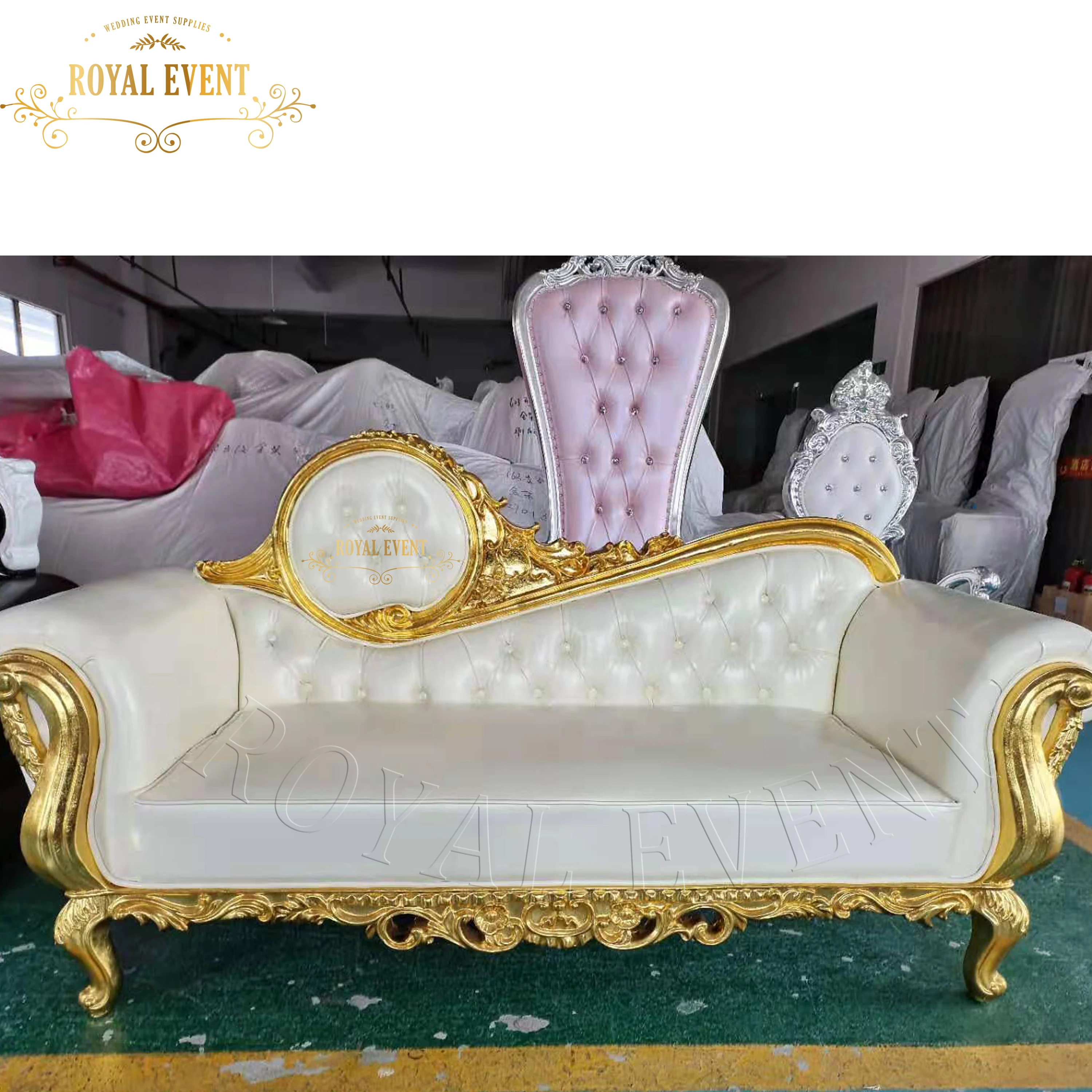 Luxury events furniture throne sofa chairs for king and queen Royal sofa chaise for groom and bride Golden Wedding bridal Sofa