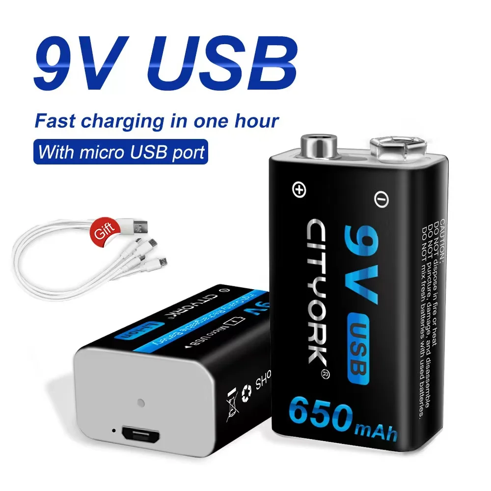 Cityork 1pcs mirco usb 9v lithium ion battery 650mah 6f22 9v rechargeable battery usb li ion battery 9v charge