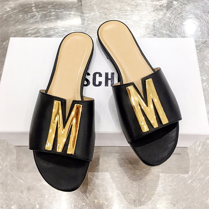 Summer Lady Daily Fashion Designer Luxury Stylish Shoes for Female M Metal Flat Women Leather Slide Slipper Shoes
