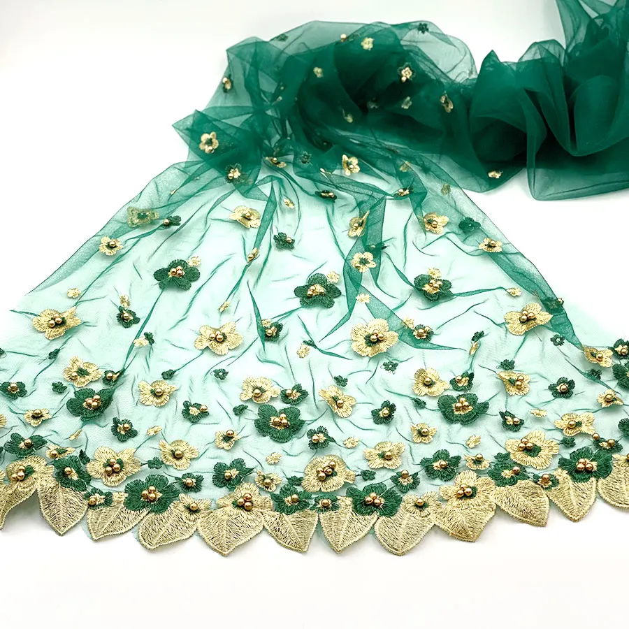 2021 dubai french cloth wedding dress design green black lace organz textile flower 3D beaded embroidery tulle fabric
