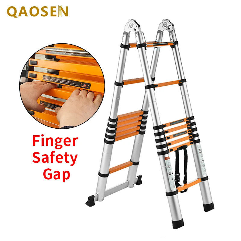 Orange Step 2 In 1 Ladder 3.2m/3.8m/4.4m/5.0m/5.6m with Finger Safety Gap A frame Multipurpose Telescopic Ladder