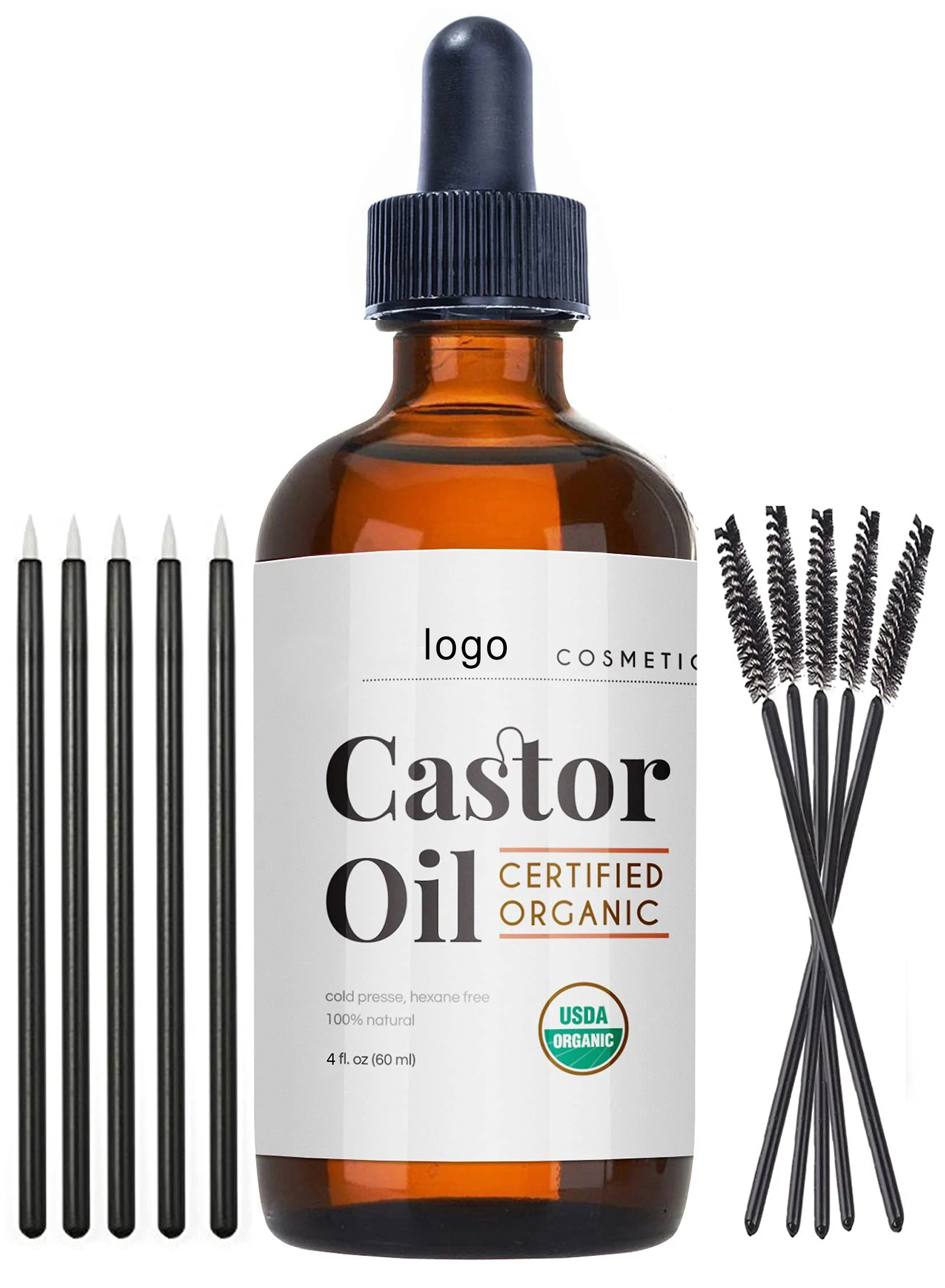 Custom logo 2oz 100% Pure Cold Pressed Organic Castor Oil Stimulate Growth for Eyelashes Eyebrows and Hair