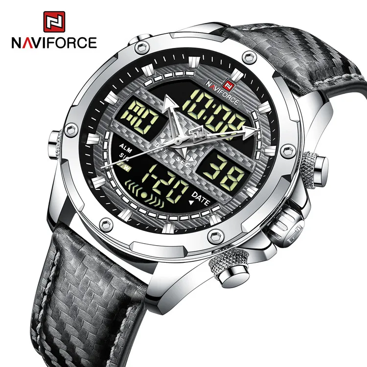 NAVIFORCE 9194 SGYGY New Analog mens watch Luxury Quartz Digital Sport Genuine Leather Wristwatch with 3 ATM waterproof relojs
