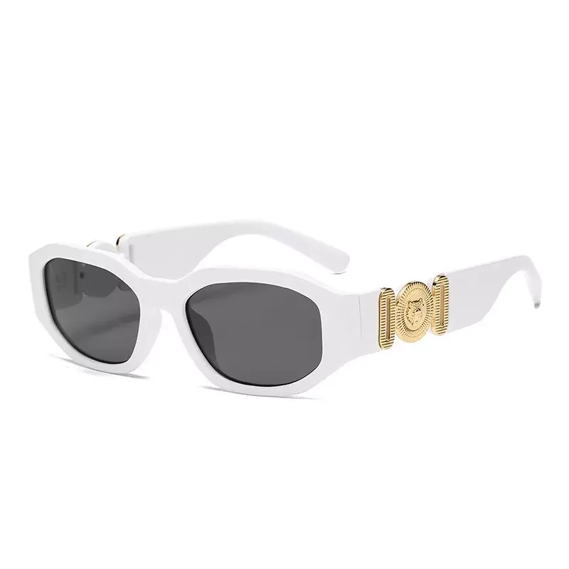 Italy Luxury Designer Vintage Women Small Black Polygon Frame Medusaa Sunglasses With Gold Lion Head