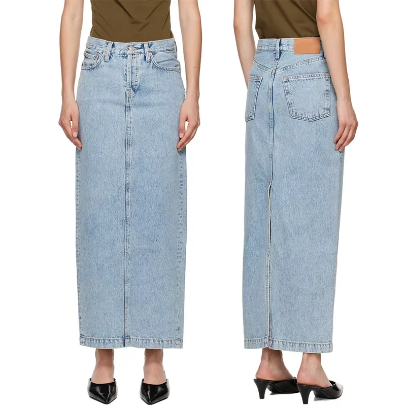 European Chic Blue Faded Button Fly Split Slim Midi Jeans Skirt Retro High Waist Casual Denim Pencil Skirt For Lady
