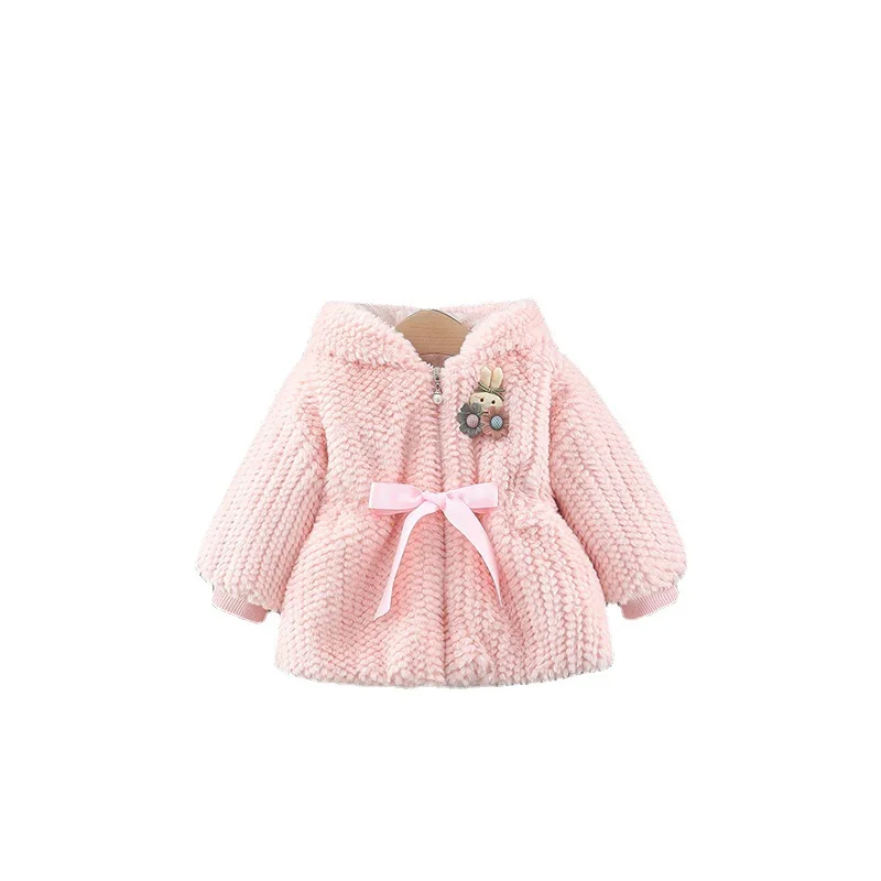 2023 girls winter clothes autumn Little Rabbit Wool Sweater Coat Cute Waist Ribbon Knot Cartoon Coat Wool Sweater 1-5years