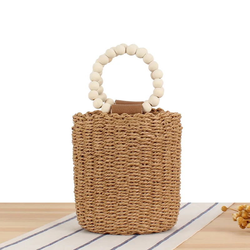 Women Boho Summer Beach Handwoven Straw Tote Bucket Bag with Wooden Beads Round Handle