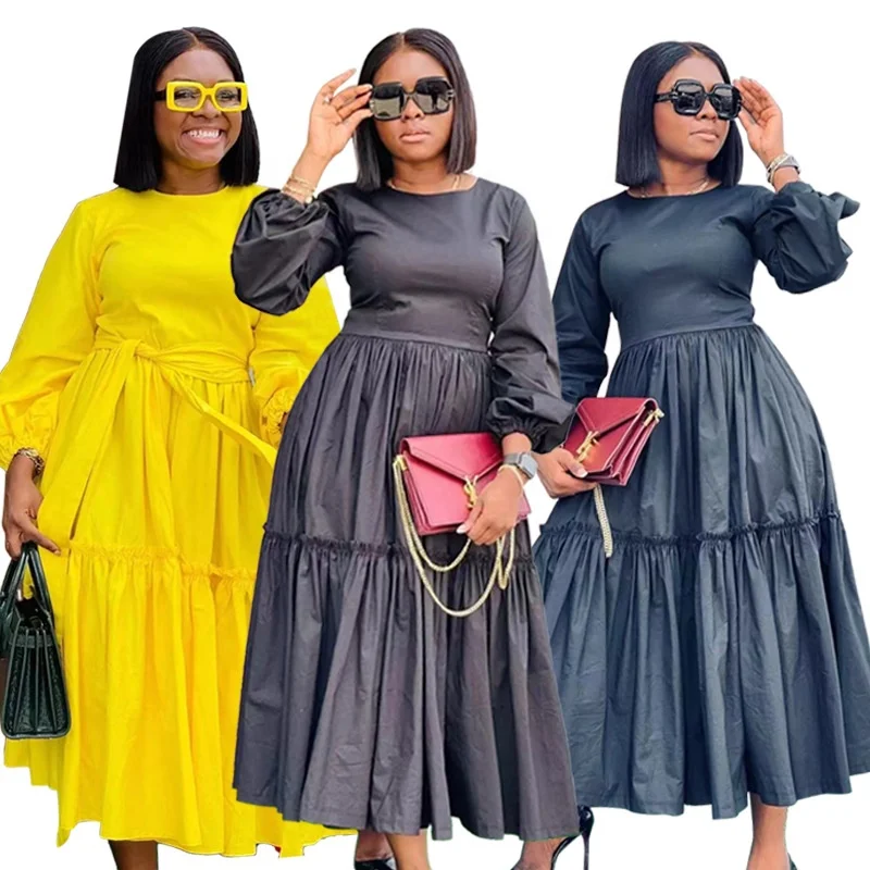 QC8927 Long sleeve pleated zipper long maxi dress ladies casual dresses women with belt