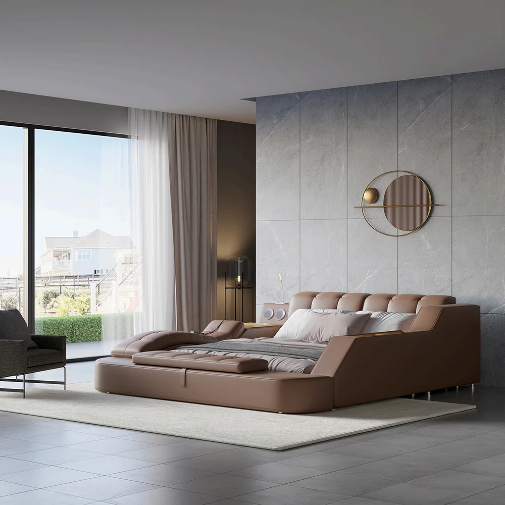 Modern Leather Massage Wireless USB Charge Bluetooth Audio Upholstered Smart Bed With Storage Function