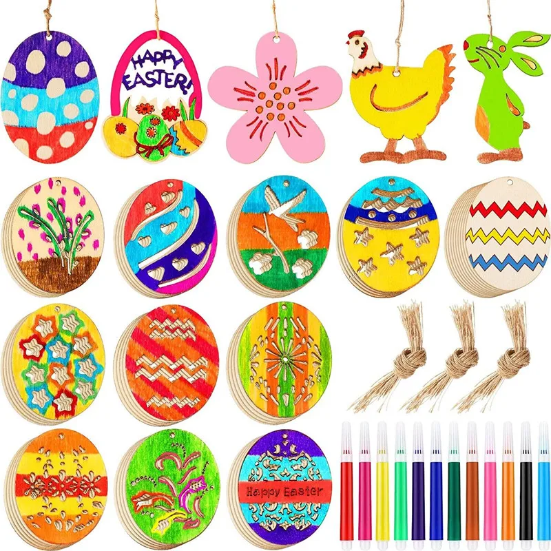 Wholesale New Crafts Easter Decoration Wooden Bunny and egg Crafts Ornaments Pendants