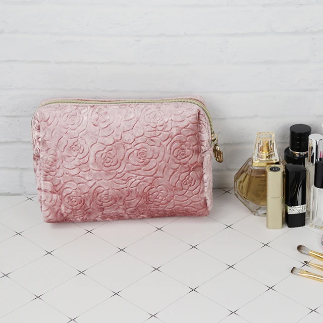 Custom Cosmetic Organizer Bags Rose Printed Velvet Makeup Bag With Gold Zipper