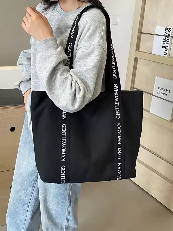 logo printed popular Canvas Casual Tote Bag with strong nylon handle silk printing School Handbag Wide handle Strap Shoulder