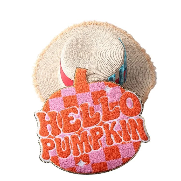 Custom large chenille patches low MOQ Halloween big iron on gold glitter orange checked Hello pumpkin chenille patches for women