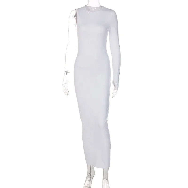 Женское Белое Облегающее платье на одно плечо с длинным рукавом