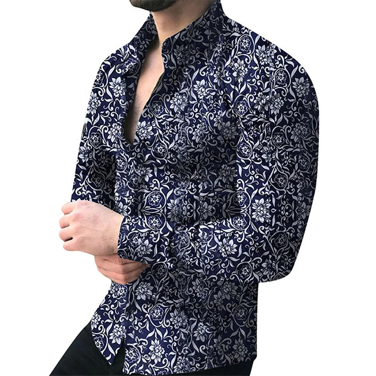 Breathable Men Long Sleeve Floral Casual Summer Autumn Loose hawaiian printed Shirts