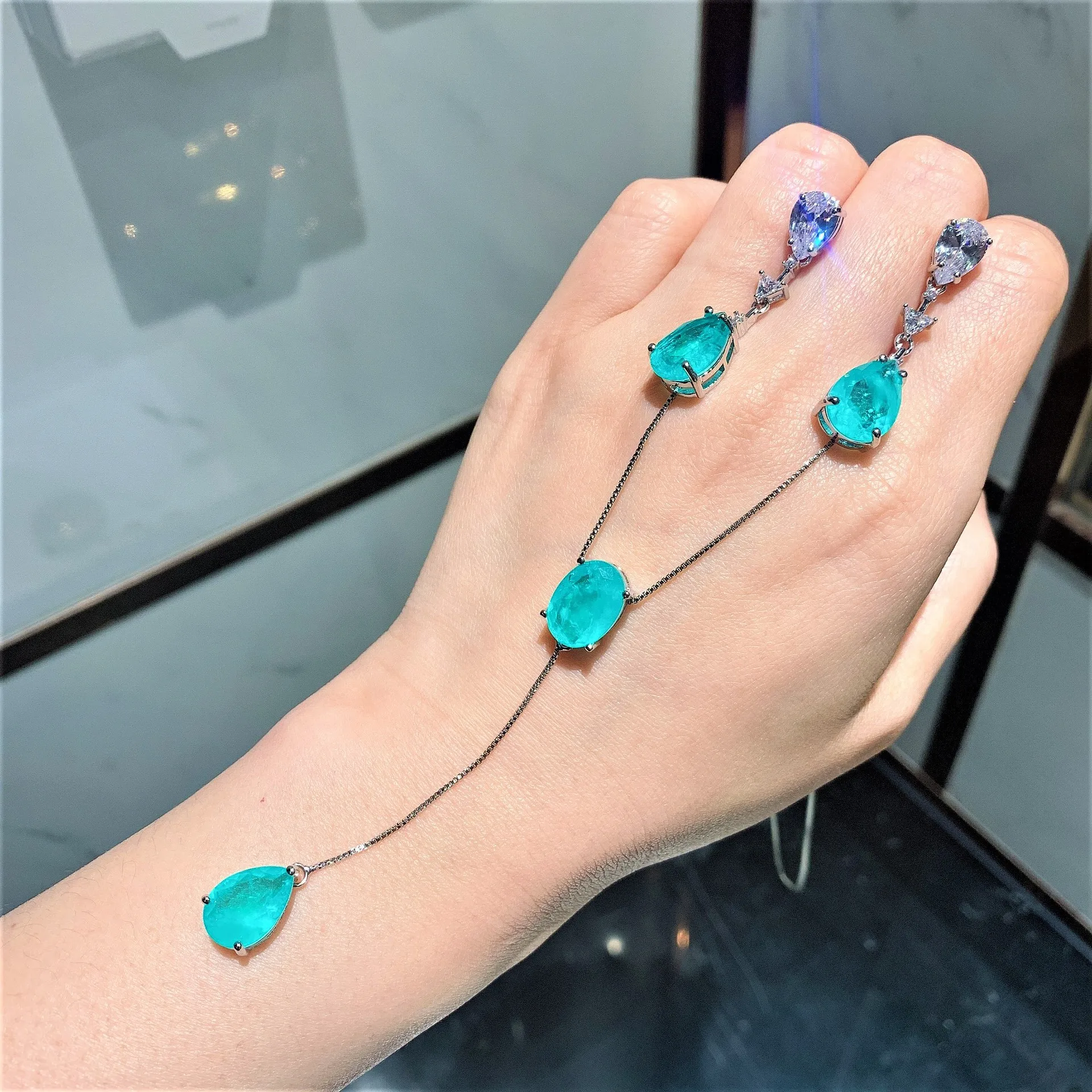 Luxury Jewelry Set Blue Green Zircon Crystal Necklace Earrings Sets Bridal Accessories for Women