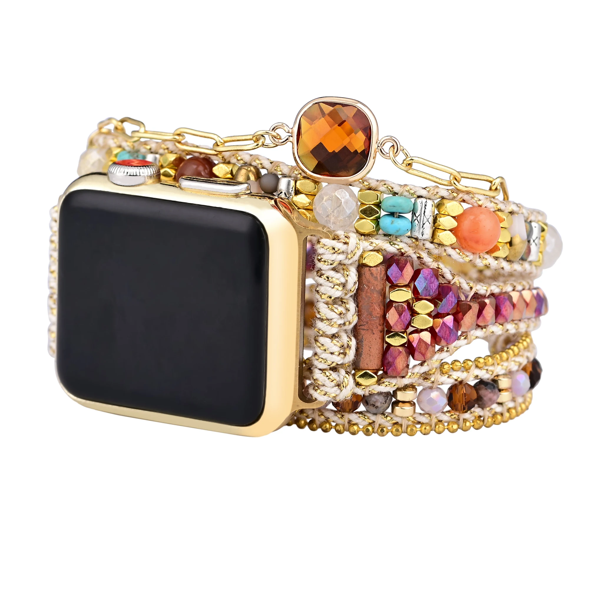 Bohemian Handmade Watch Band Natural Moissanite And Stone Bead Gems Rice Bead Strap Boho For Apple Watch Accessories