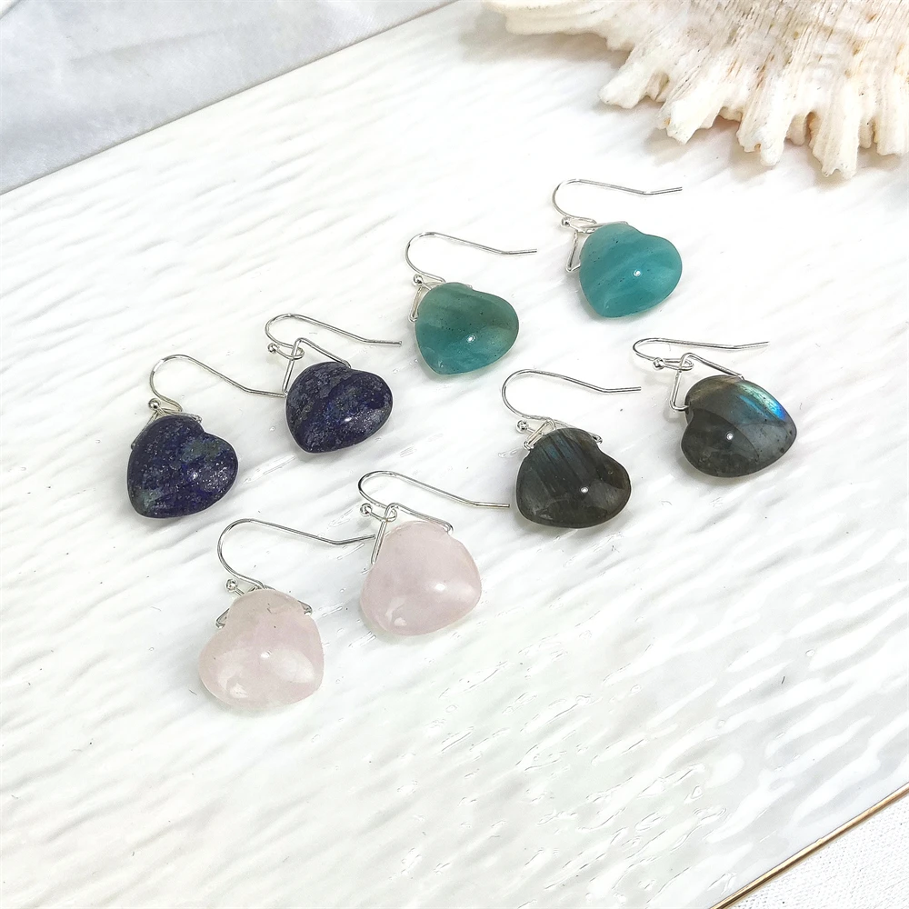 2024 New design peach heart natural rose quartz eardrop lapis lazuli love heart shape crystal amethyst opalite earrings women