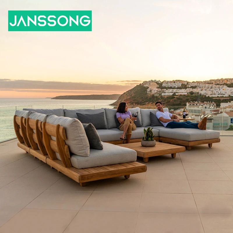 Outdoor Waterproof Teak Sofa Patio Set Combination Leisure Villa Waterproof Sun Protection Solid Wood Sofa Furniture