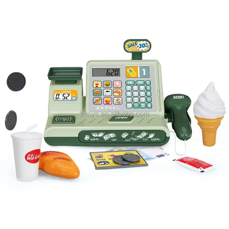 Pretend Play Calculator Cash Register Toy Classic Count Toy with Sound Microphone Scanner Pretend Credit Card Play Food for Kids