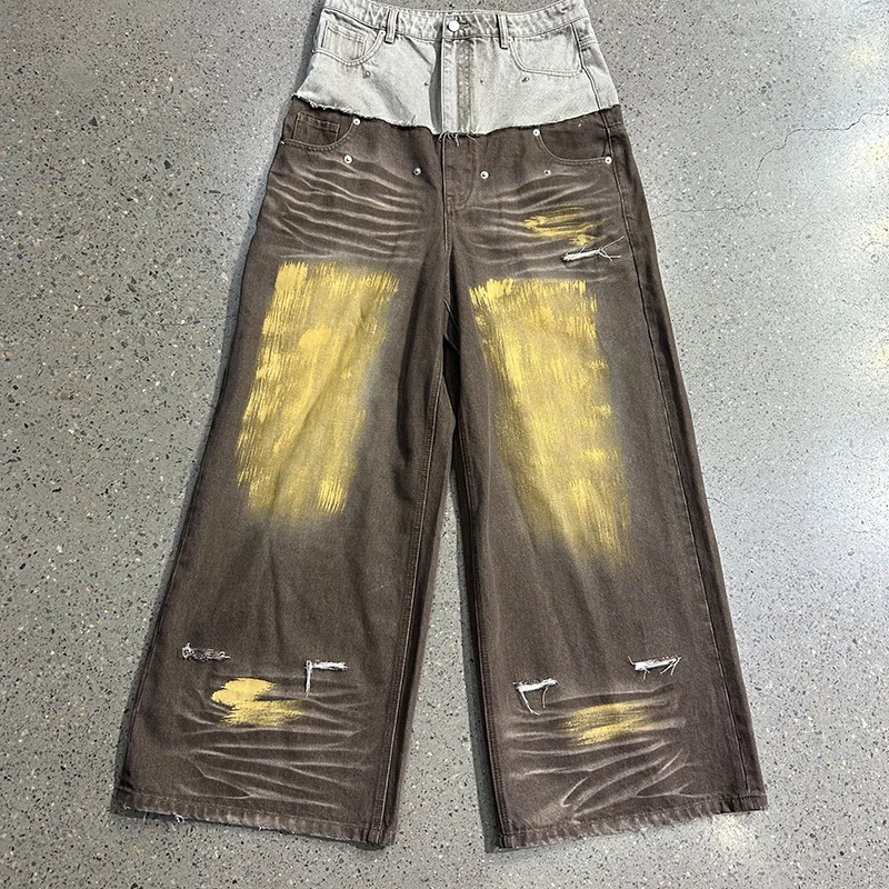 Manufacturer Acid Wash Vintage Wide Leg Jeans Oversized Distressed Baggy Denim Pants Custom Double Waist Flared Jeans for Men