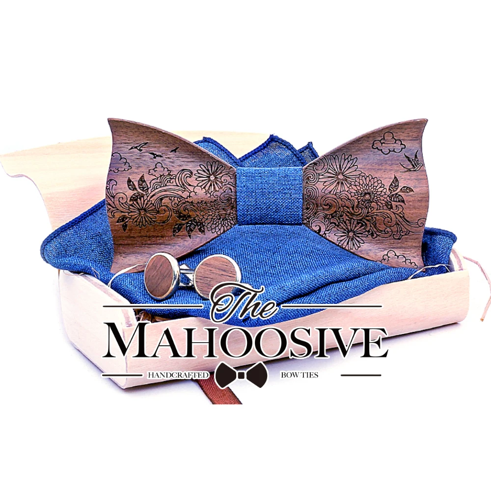 3D Wood Bowtie Handkerchief Cufflinks Sets for Mens Suit Wooden Bow Tie Bowknots Wedding Party Ties Cotton Engraving Cravat