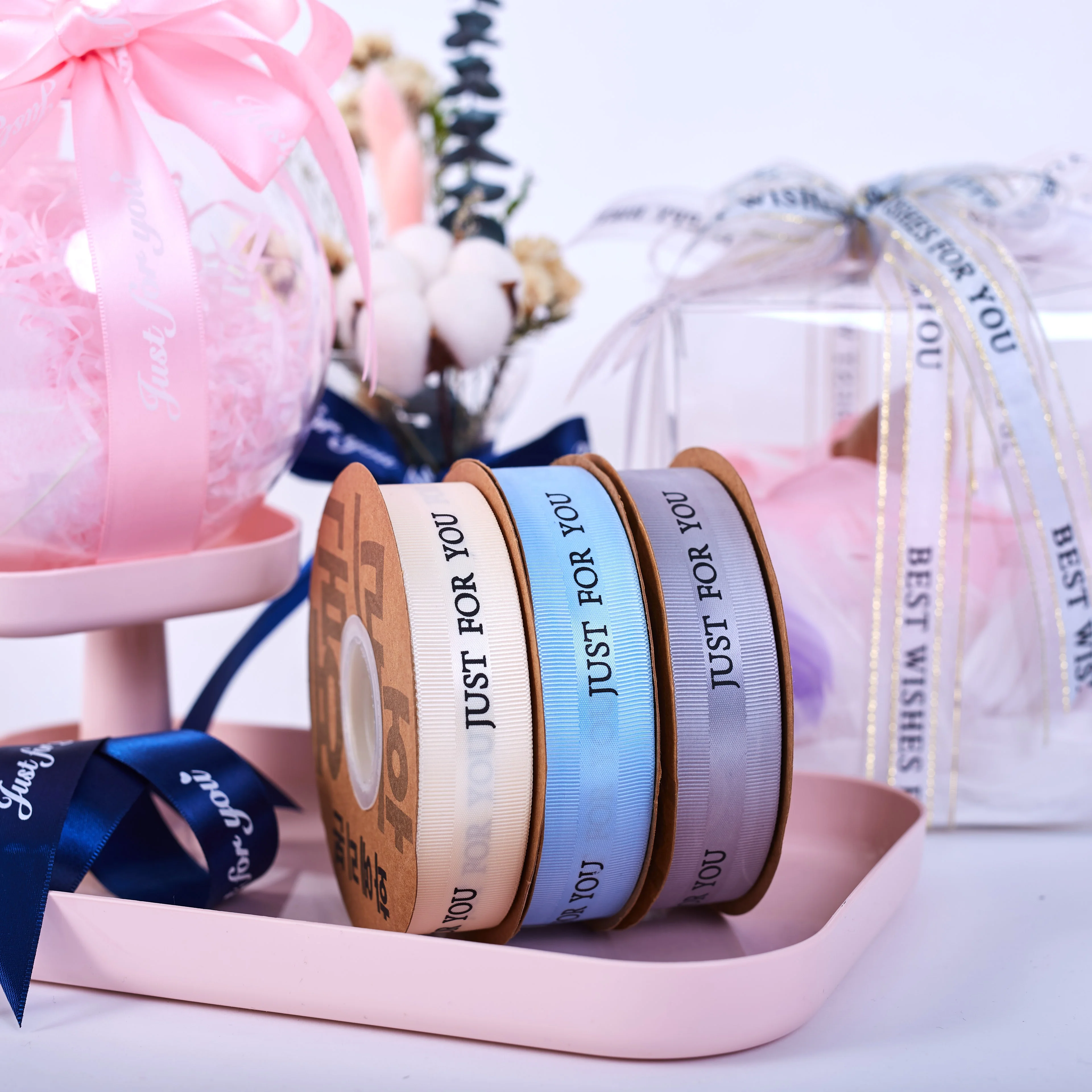 Factory wholesale  decorative flowers ribbon grosgrain ribbon roll Custom LOGO gift box  with ribbon