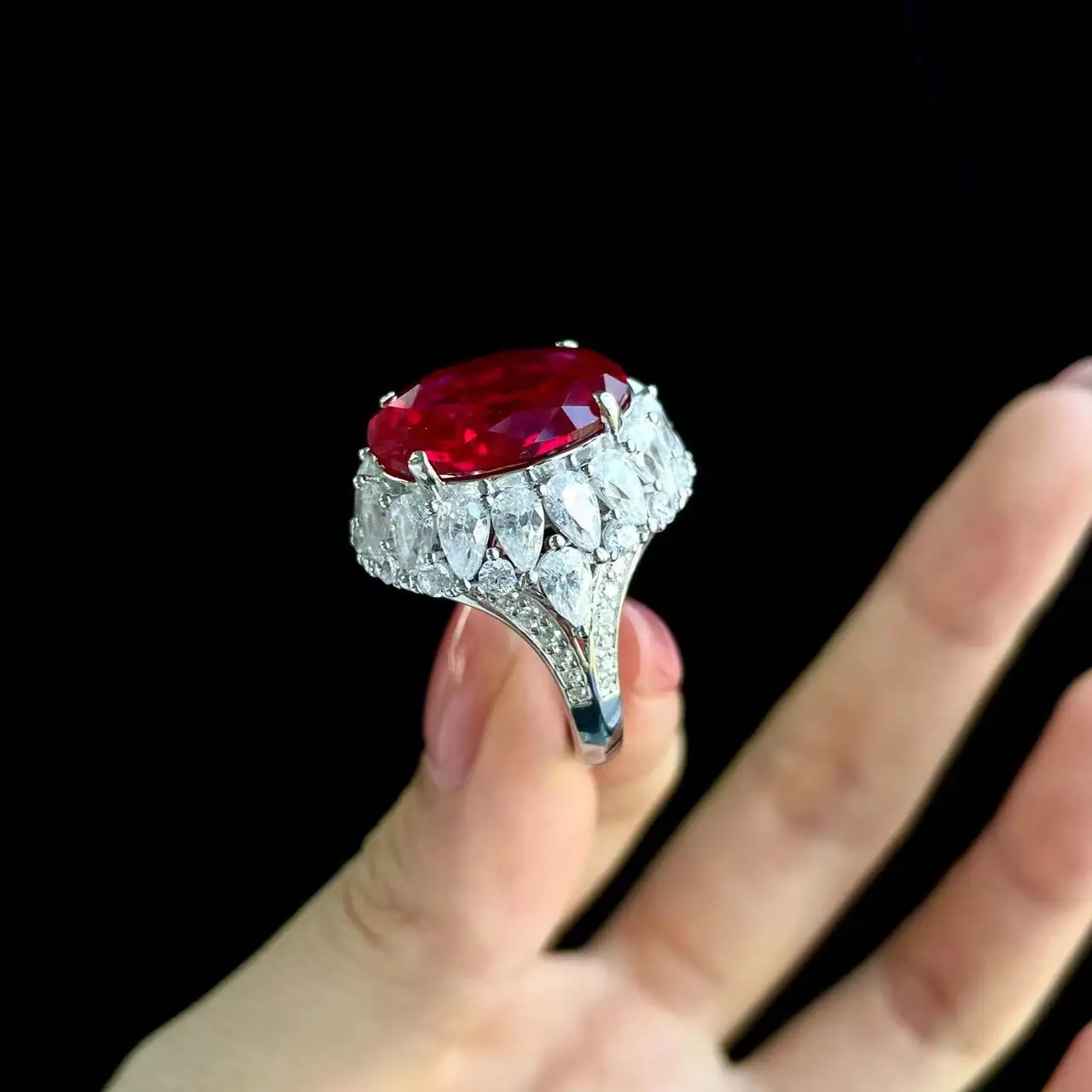 Lab Grown Gemstones Oval Shape Ruby Diamond 925 Sterling Silver Ring Luxury Natural Trendy Silver Plated Engagement Rings 10.4