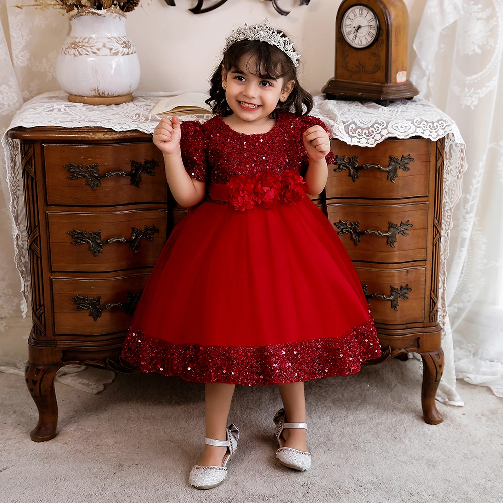 Children Christmas Girl Party Dress Beautiful Girls Birthday Dress Fancy Short Sleeve Sequin Kids Dresses