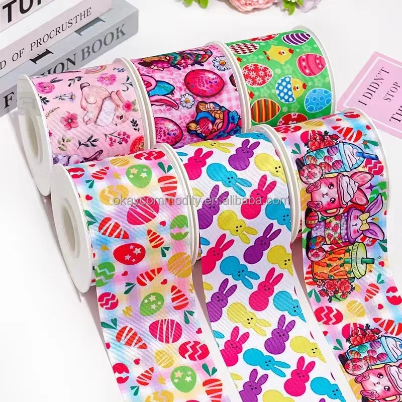 OKAY Rabbit And Egg Printed Grosgrain Ribbon Spring Easter Bunny Fabric Ribbon for Wrapping DIY Crafts Decoration