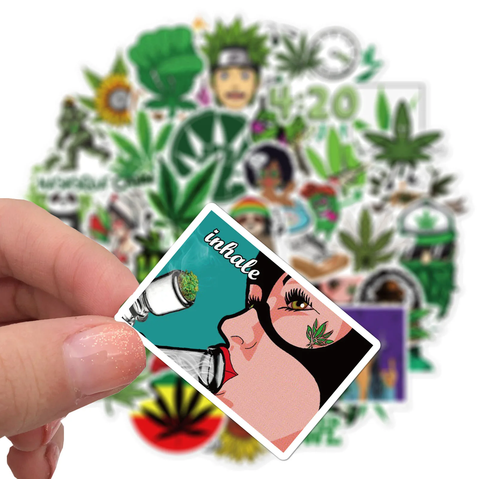 50Pcs Green Spoof Graffiti Weed Stickers For Skateboard Notebook Luggage Motorcycle Laptop Vinyl Smoking Stickers