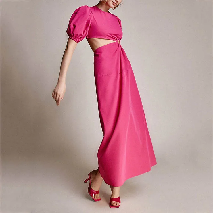 Custom Women Casual Vintage Summer Long Hot Pink O-ring Waist Cut Out Puff Sleeve Maxi Dresses